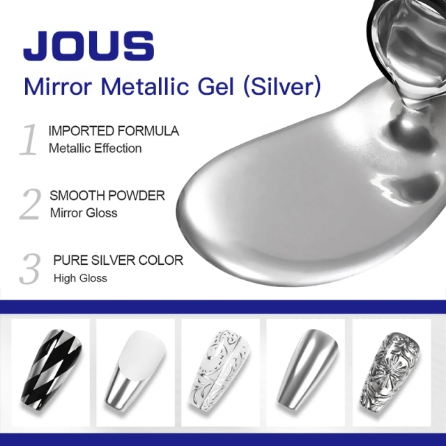 JOUS Mirror Shine Silver Metallic Nail Gel High Coverage UV/LED Curing Flexible & Long-Lasting Wear for Nail Artists and Salons