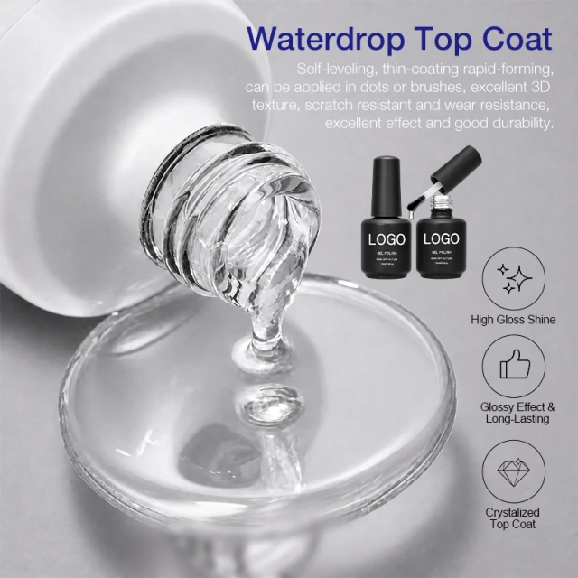 3D Water Drop Top Coat Effect 2 Pack Gel Polish Set Box TPO/Hema/TMPTA Free Customizable No Wipe Top Water Drops Gel Nail Polish