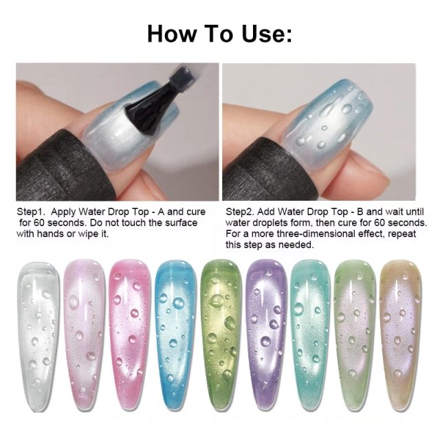 3D Water Drop Top Coat Effect 2 Pack Gel Polish Set Box TPO/Hema/TMPTA Free Customizable No Wipe Top Water Drops Gel Nail Polish