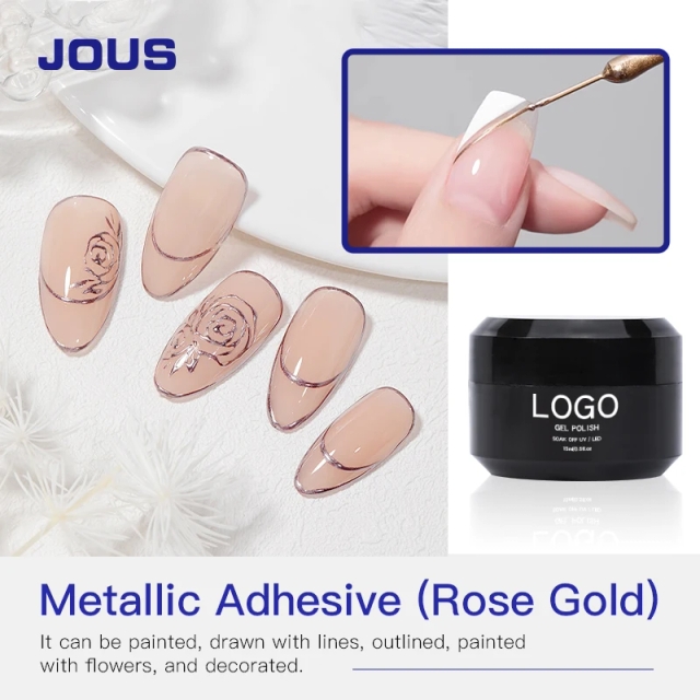 No-Wipe Rose Gold Metallic Adhesive Gel Elasticity Stretchy Gel with Even Flow for Unbroken Lines&Premium Metal Texture Nail Art