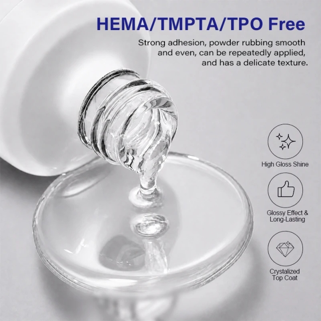 For High Gloss Clear Gel Top Coat Chrome Powder No Wipe Non Stick Long Lasting Mirror Shiny HEMA TPO Free UV Lamp 60s Cure