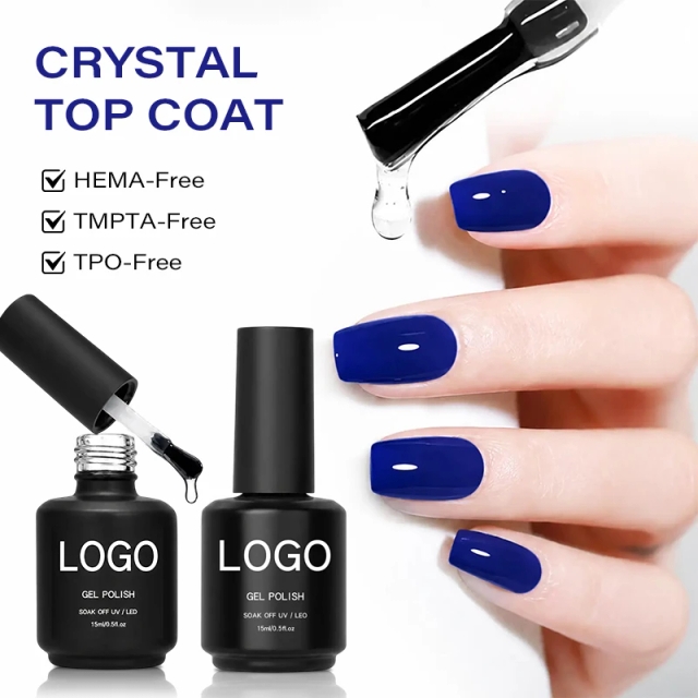 15ml Crystal Glass Top Coat Gel Polish Private Label No Yellow No-Wipe Super Shiny diamond Gel Top Coat Nail Polish Uv Gel