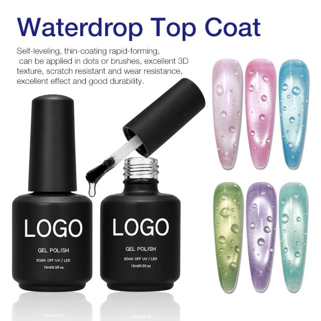 3D Water Drop Top Coat Effect 2 Pack Gel Polish Set Box TPO/Hema/TMPTA Free Customizable No Wipe Top Water Drops Gel Nail Polish