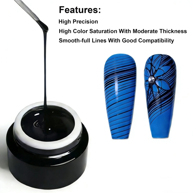 No-Wipe Black Spider Gel for 3D Line Art High Elasticity Stretchy Gel with Superior Flow Control for Chrome Powder Nail Designs