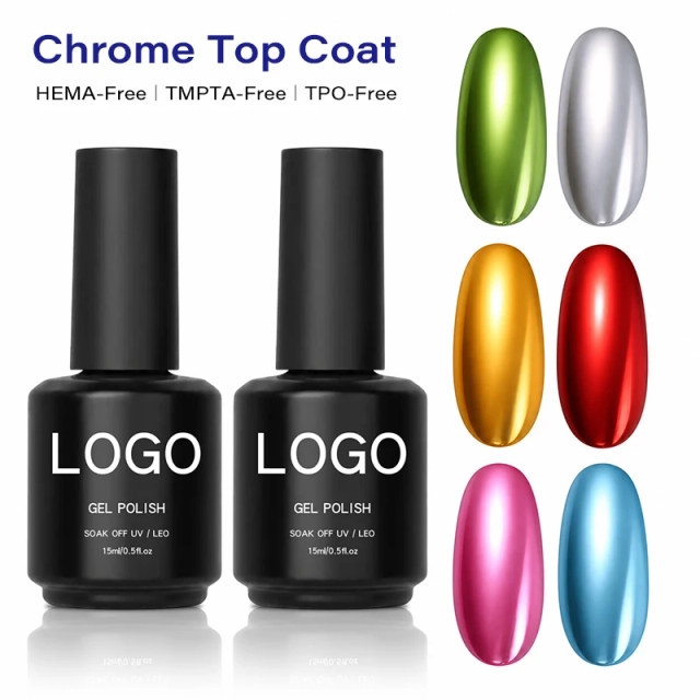 Private Label No Wipe Non Stick Long Lasting Mirror Shiny TPO Free Chrome Base High Gloss Clear Gel Top Coat for Chrome Powder