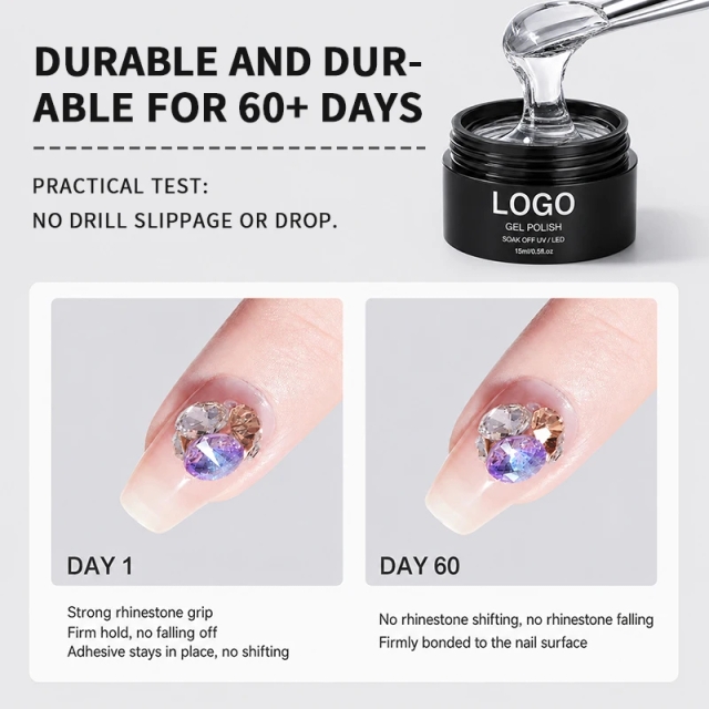 Custom logo Strong Hold Long Lasting Non-Toxic Elastic Rhinestone Gel Non Wipe Rhinestone Gel Resin-Based clear Gel Nails