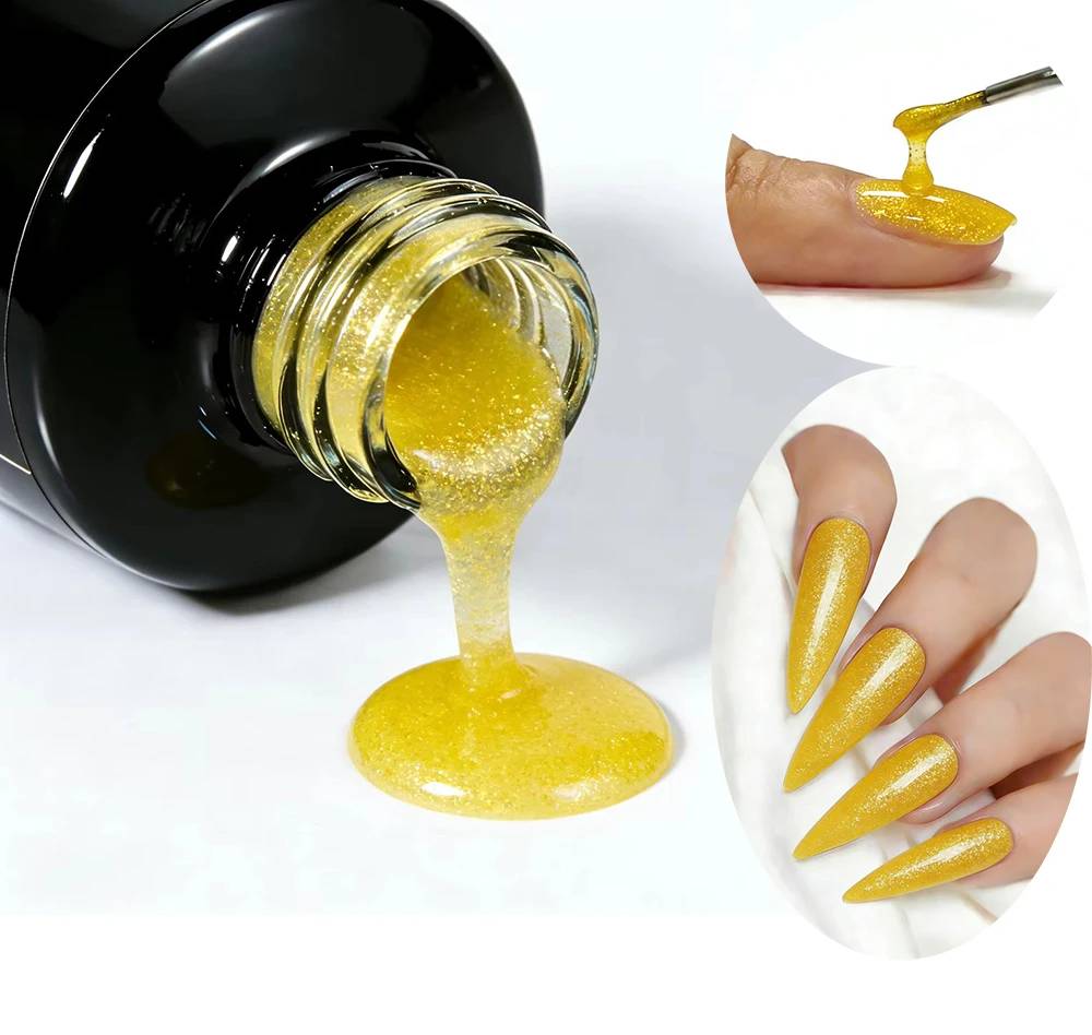 JOUS Dual Effect Yellow Glitter Diamond Gel for Nail Art with Sparkle & Reflective Finish Under Different Light Salon Quality