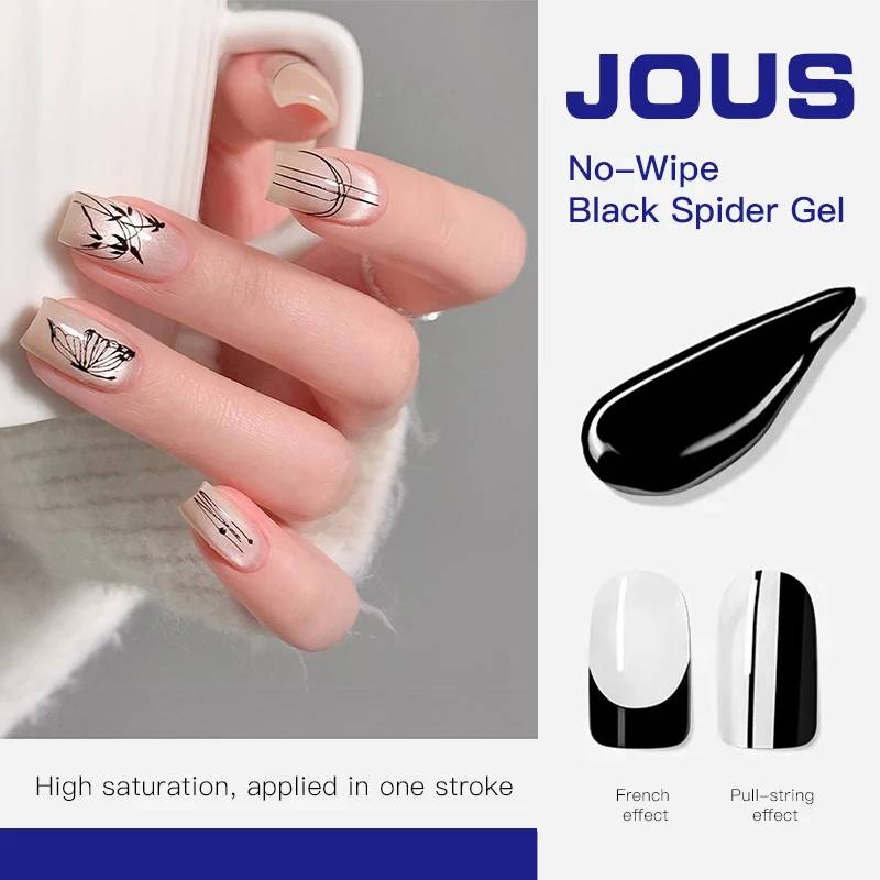 No-Wipe Black Spider Gel for 3D Line Art High Elasticity Stretchy Gel with Superior Flow Control for Chrome Powder Nail Designs