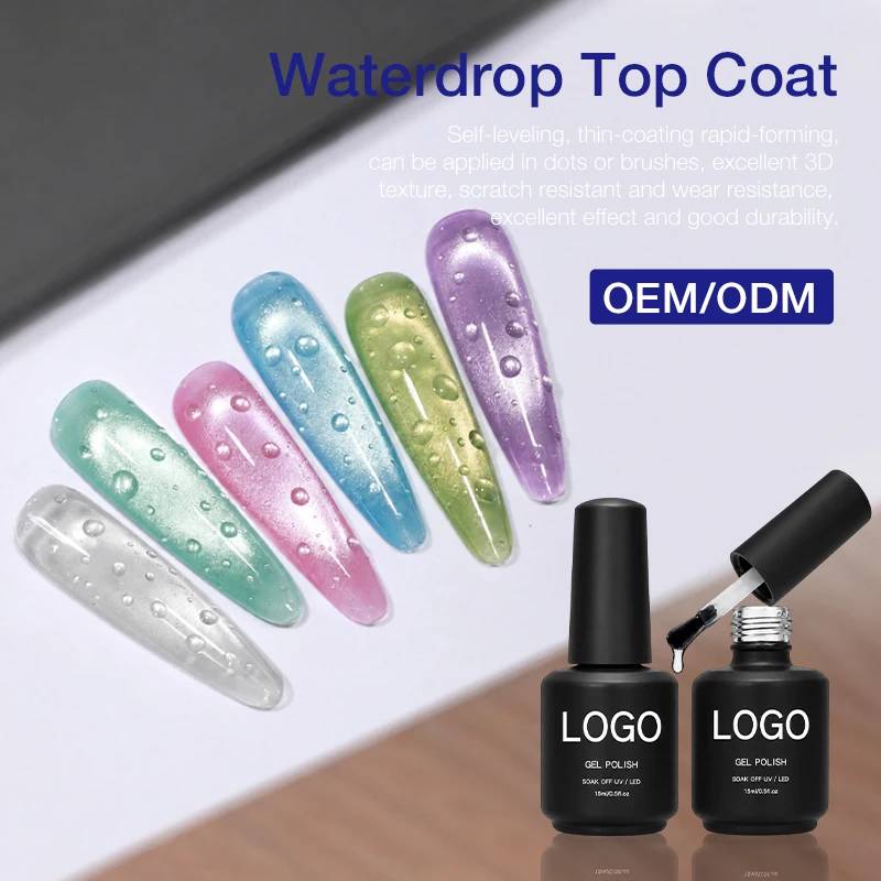 Custom Hema Free TMPTA Free TPO Free Non-toxic 3D Water Drop Top Coat Gel Long Lasting Vegan UV Gel Top Coat No Wipe High Shine