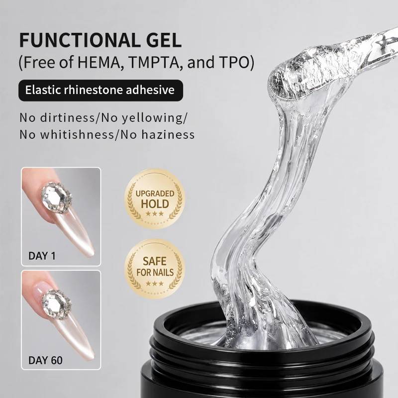 Custom logo Strong Hold Long Lasting Non-Toxic Elastic Rhinestone Gel Non Wipe Rhinestone Gel Resin-Based clear Gel Nails