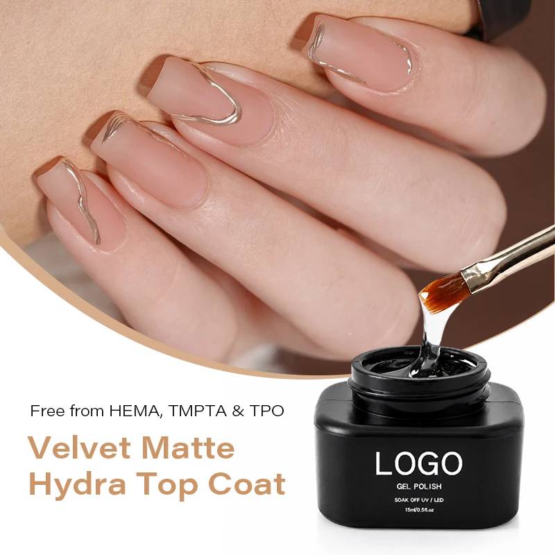 HEMA & TPO-Free clear No Wipe Matte Top Coat Gel Polish Non-yellowing Velvet Top Coat 15ml Uv Gel Nail Polish with Custom logo