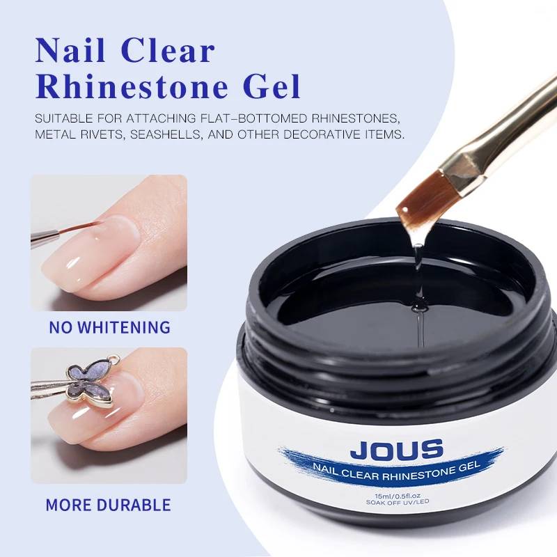 JOUS Premium No Wipe Clear Rhinestone Gel with High Transparency & Strong Bond for Flat Bottom Jewels Nail Art Decoration