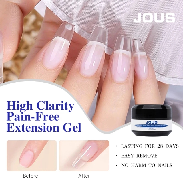 JOUS OEM/ODM High Clear No Shrinkage Gel for Salon Use with 5s Dry Time & High Hardness for Durable Nail Extension & 3D Modeling