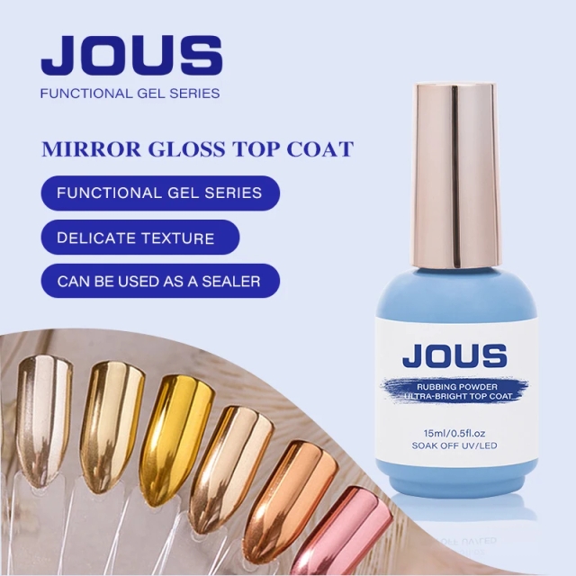 JOUS No Wipe Mirror Gloss Top Coat for Chrome Powder Nail Art with Strong Adsorption & Smooth Rubbing Fine & Ultra Bright Finish