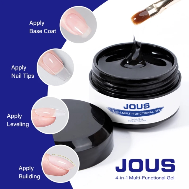 JOUS Professional 60s Fast Cure 4-in-1 Multi-Function Gel for Nail Extension Leveling Base & Top Coat with High Transparency