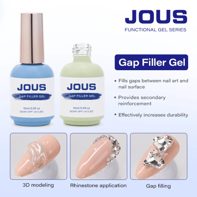 JOUS High Clear Gap Filling Nail Gel with No Wipe Finish Reinforces & Protects Rhinestone Decorations From Scratching 60s Cured