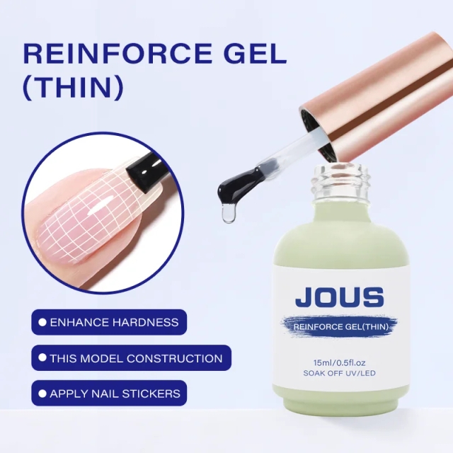 Dual-Purpose Thin Reinforce Gel for Nail Hardening Under Color & Glossy Protection Over Color Adds Strength with Natural Look